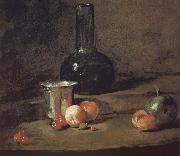 Jean Baptiste Simeon Chardin Wine glass bottles fitted five silver Cherry wine a two peach apricot, and a green apple France oil painting reproduction